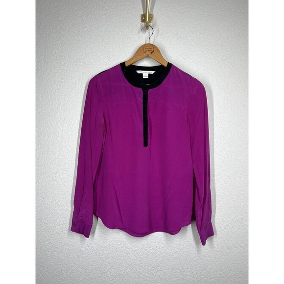 Diane Von Furstenberg 6 Maisy Contrast Silk Blouse Magenta Black Long Sleeves - Picture 1 of 5